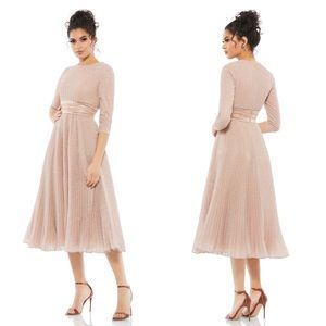 NEW NWT Mac Duggal Shimmering 3/4 Sleeve A-Line Midi Dress Rose Gold